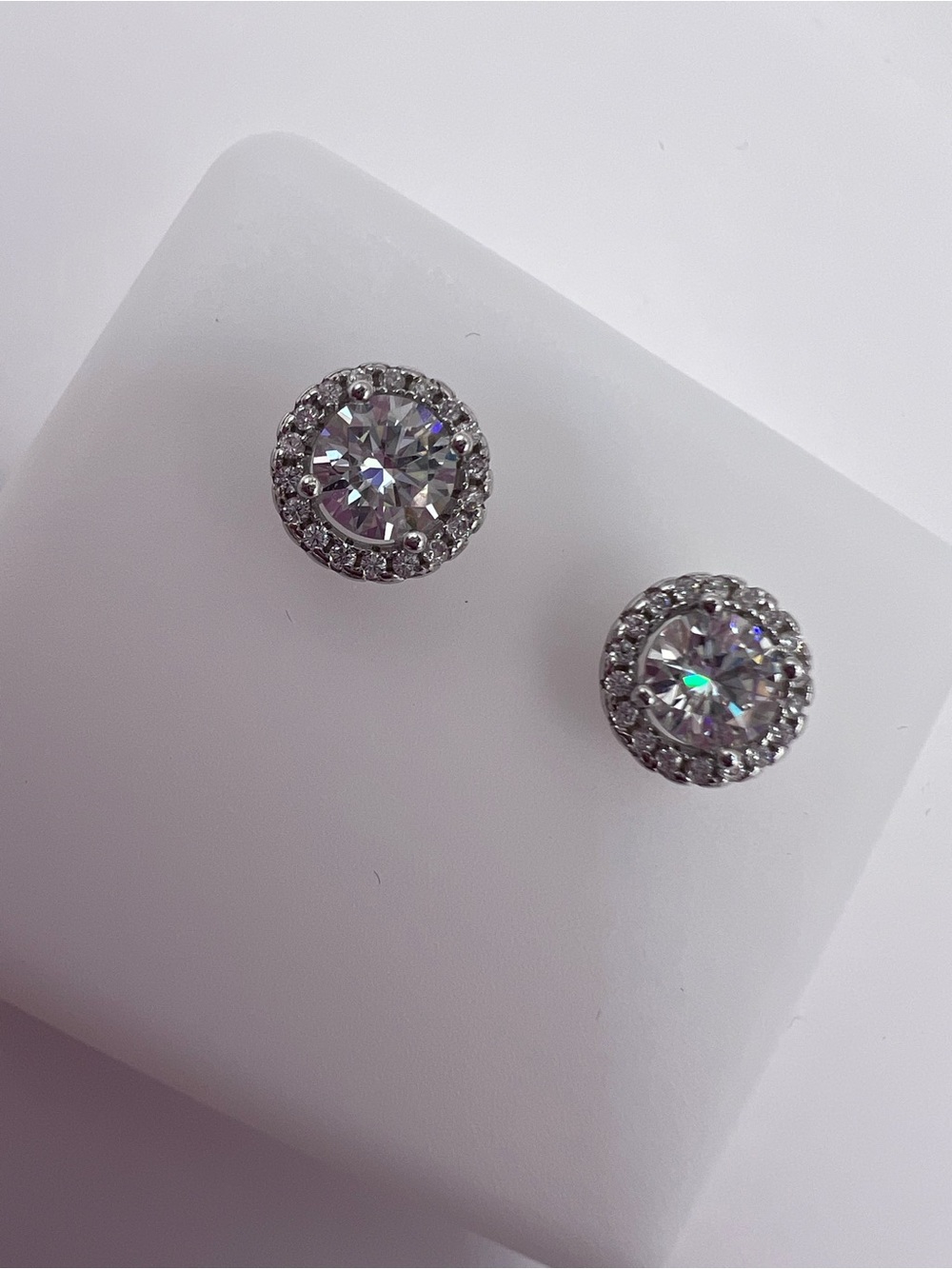 Classic Sterling Silver Halo Clear Moissanite Stud Screwback Earrings
